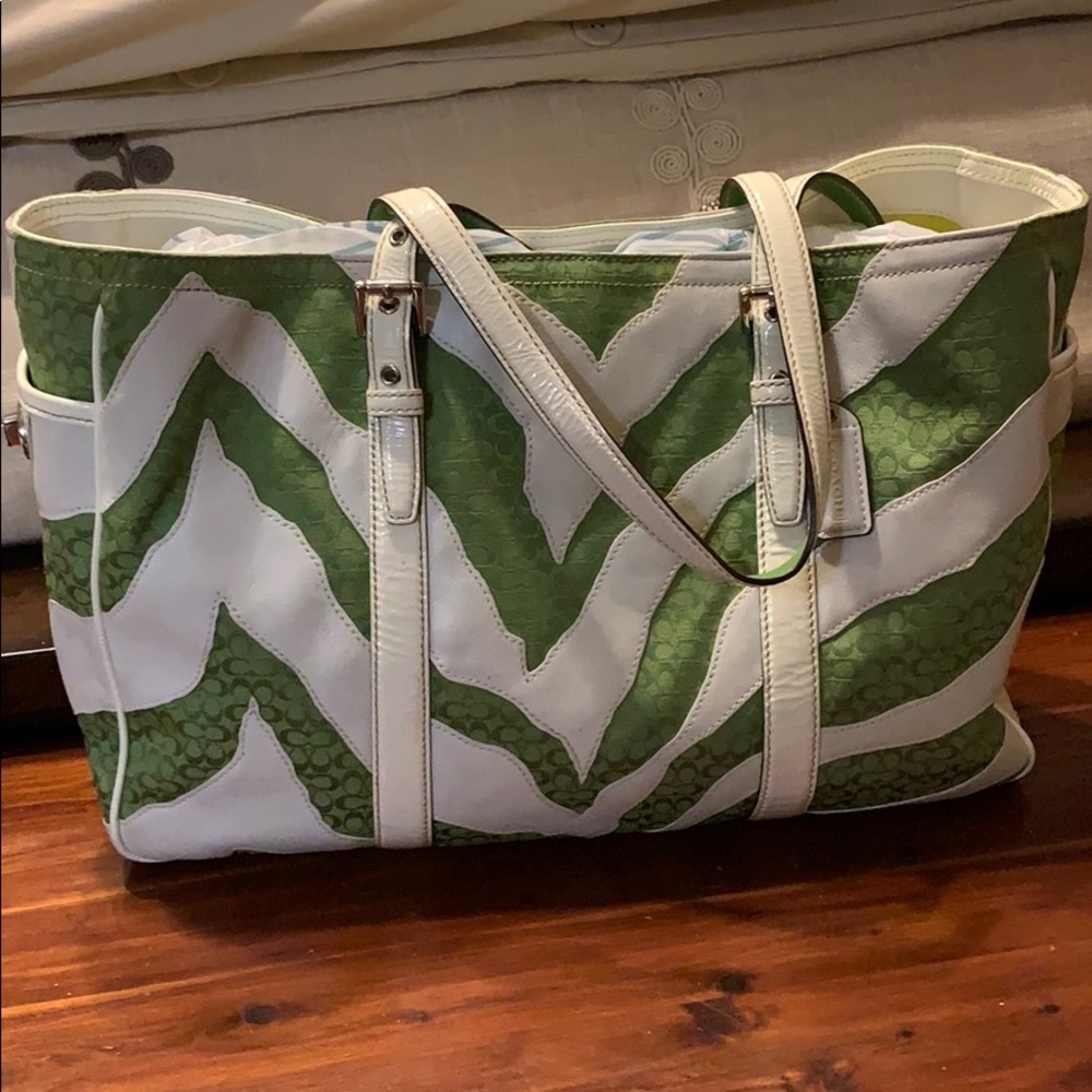 Coach Green and White Zebra Print Tote